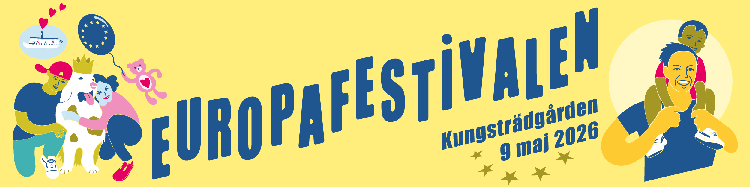 En affisch med orden Europafestivalen 9 maj. P&aring; affischen finns m&auml;nniskor som &auml;r glada och EU-flaggor.