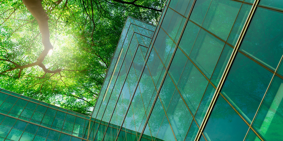 Energy saving house in glass with green trees around